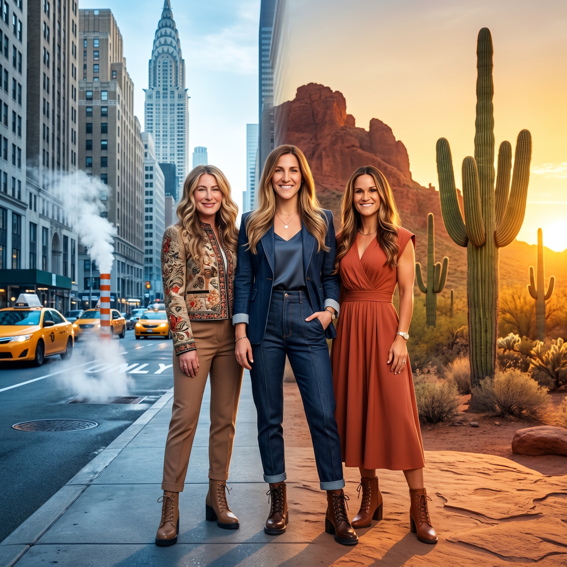 Custom AI experience with three women against a New York to Arizona split backdrop