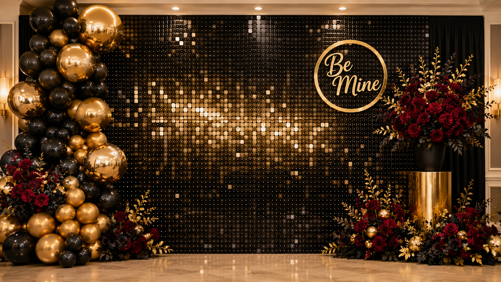 Black and gold shimmer wall with balloon garland, red roses, and Be Mine sign