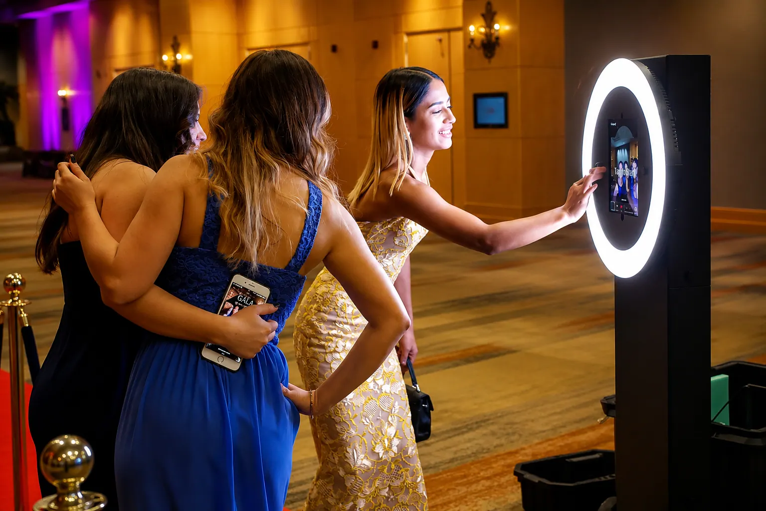 Two guests in elegant gowns sharing a photo at a gala ring light booth