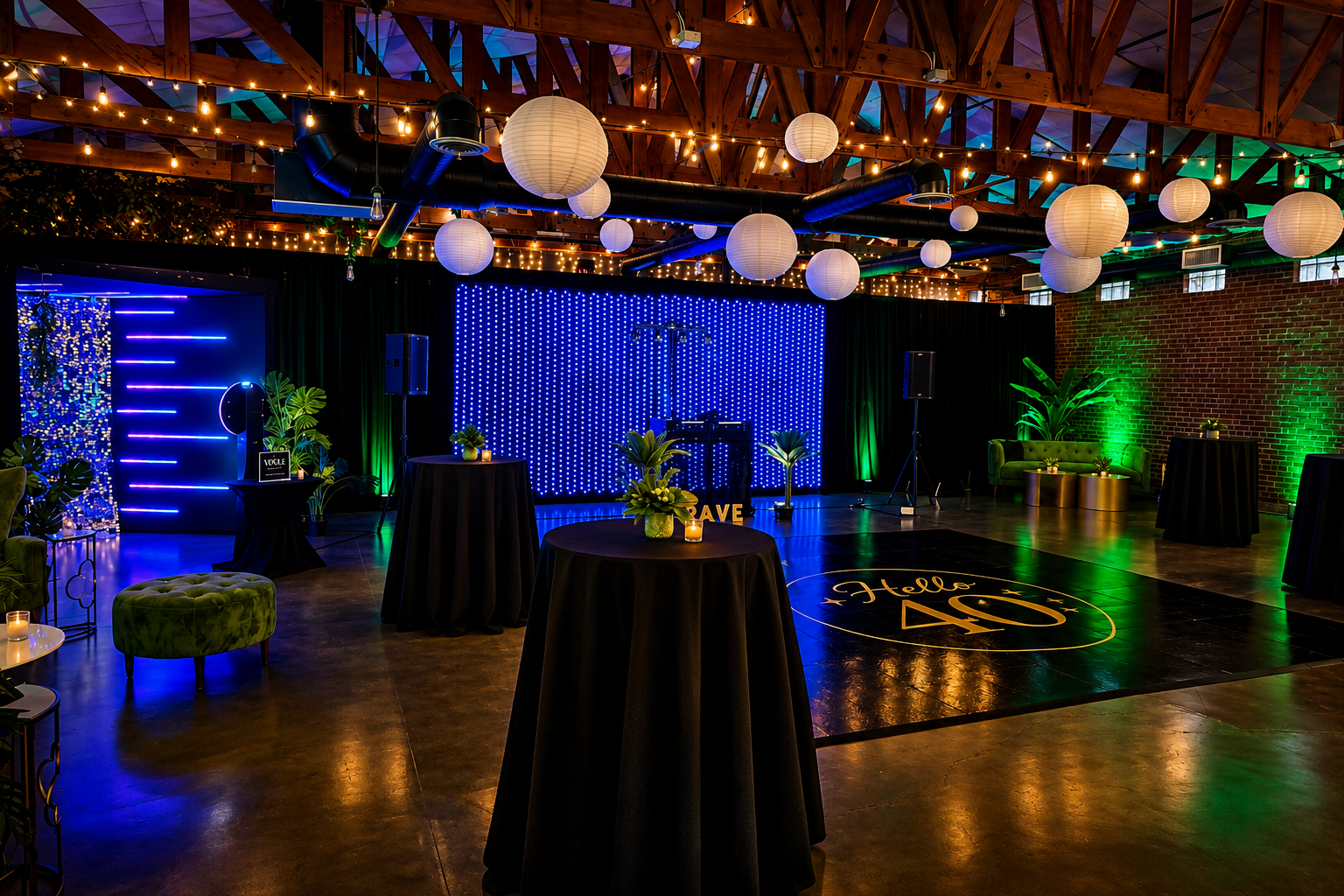 Elegant ballroom with 360 video platform and multiple photo experiences set up for a birthday celebration