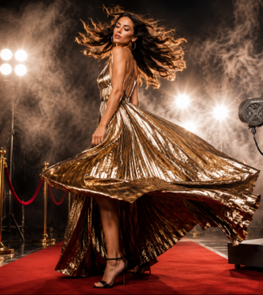Glambot red carpet photo experience with flowing gold dress