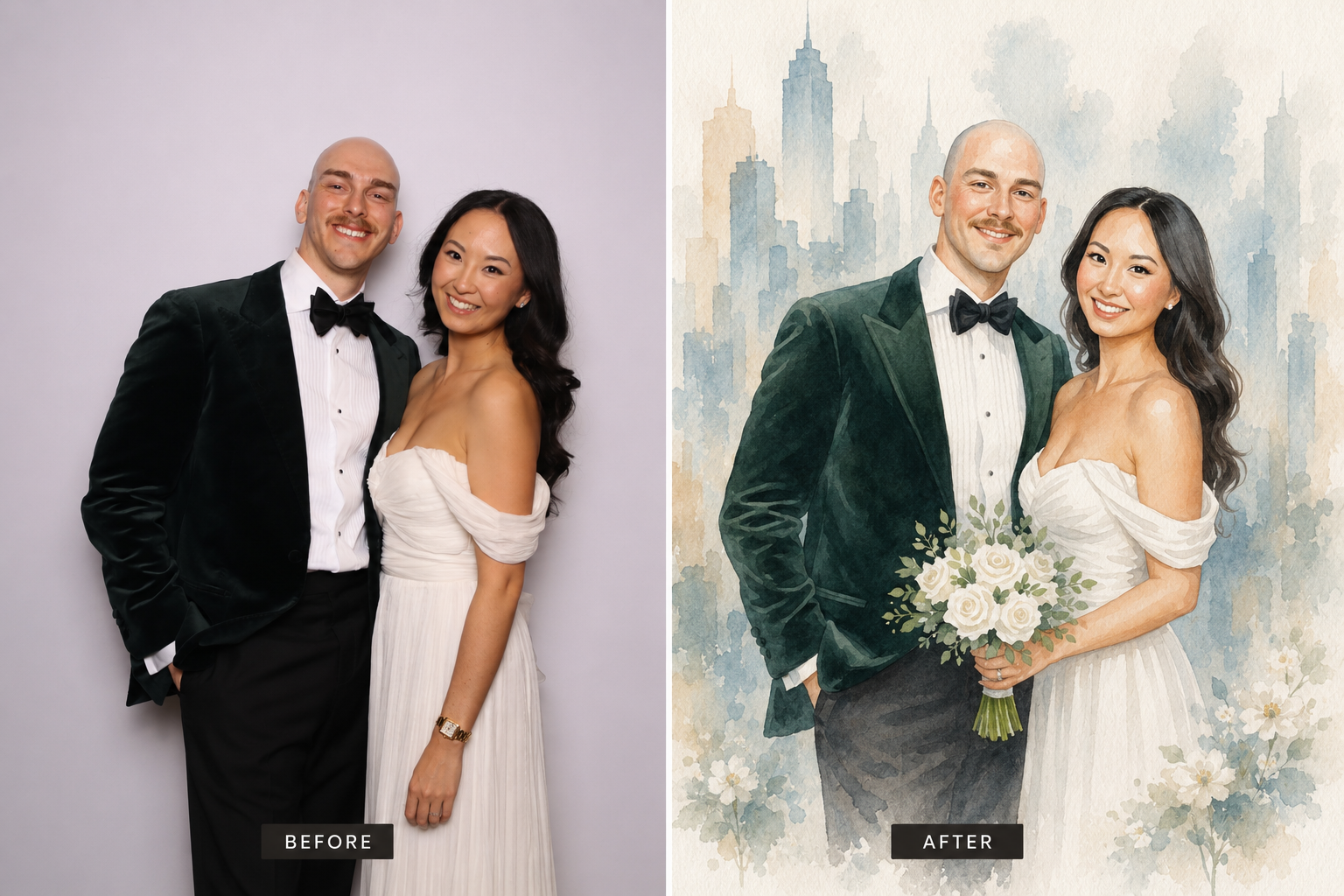 Before and after: watercolor wedding portrait