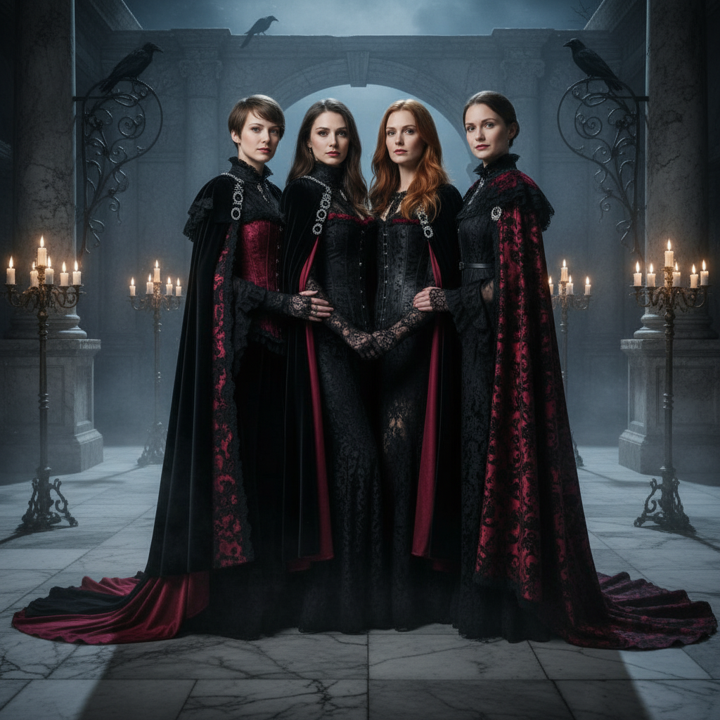 Four guests in gothic velvet capes in candlelit hall