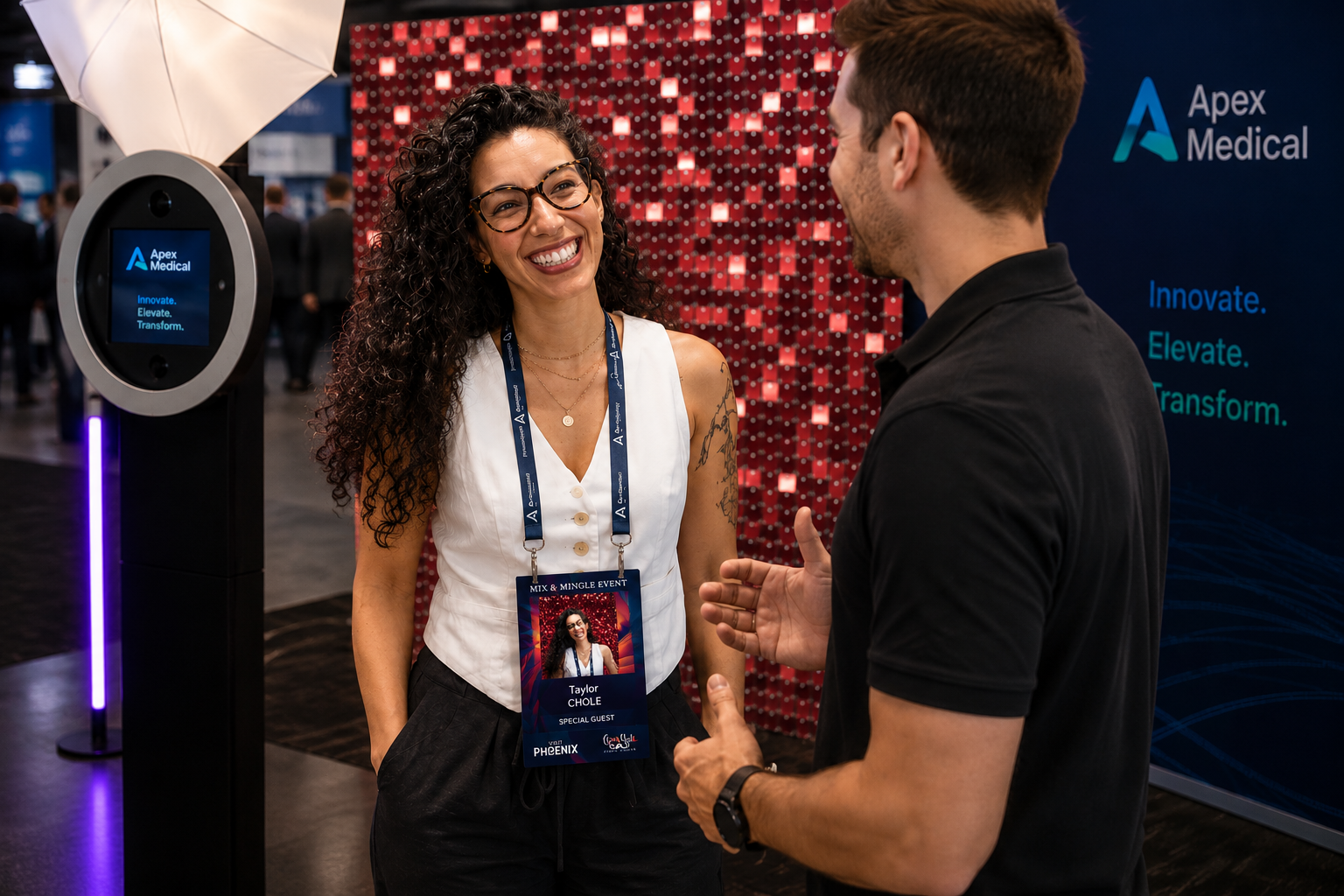 Branded photo experience at a trade show with logo badge and custom backdrop