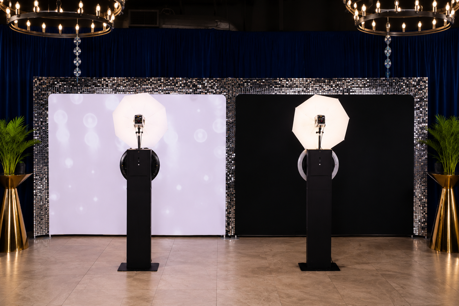Reverse glam holiday soiree with black shimmer wall, gold draping, and elegant lighting