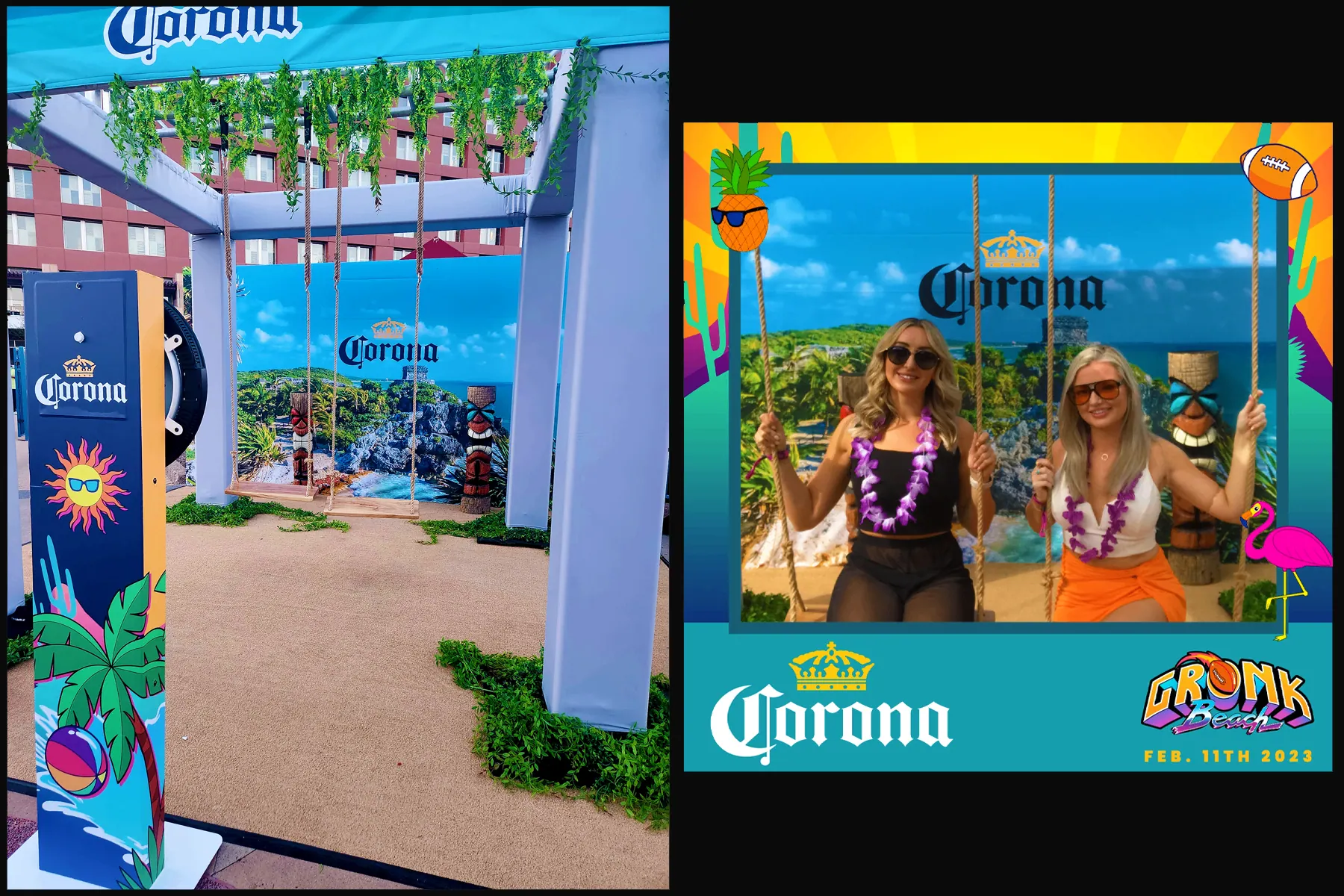 Corona Beach branded swing activation with custom backdrop and branded print